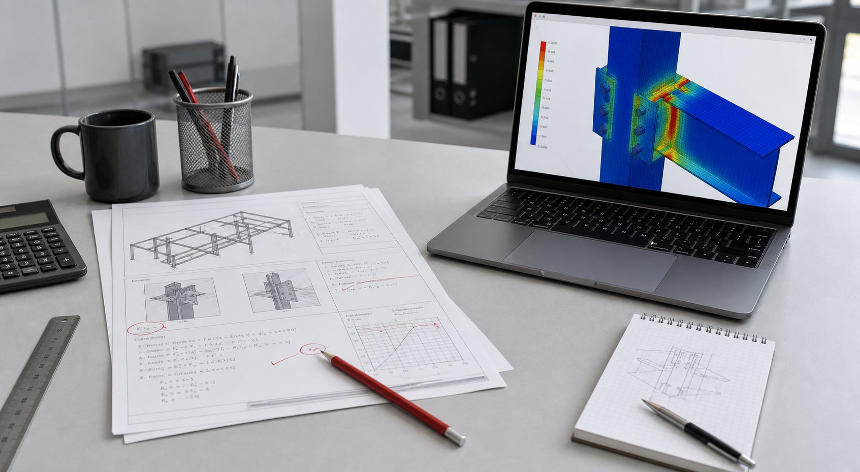 Illustrative engineering report review workspace with calculation pages and an FEA stress contour